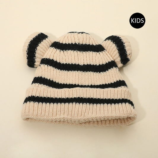 HATEGORY Kids Cute Bear Ear Striped Knit Winter Beanie Hat