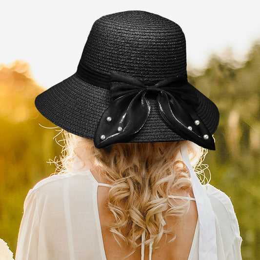 HATEGORY Pearl Pointed Bow Band Straw Sun Hat