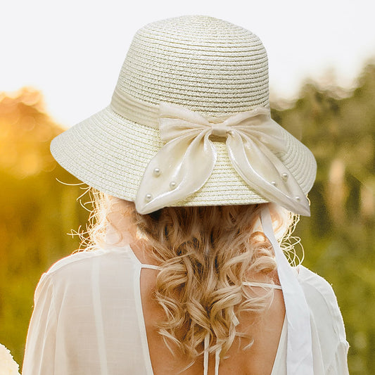 HATEGORY Pearl Pointed Bow Band Straw Sun Hat