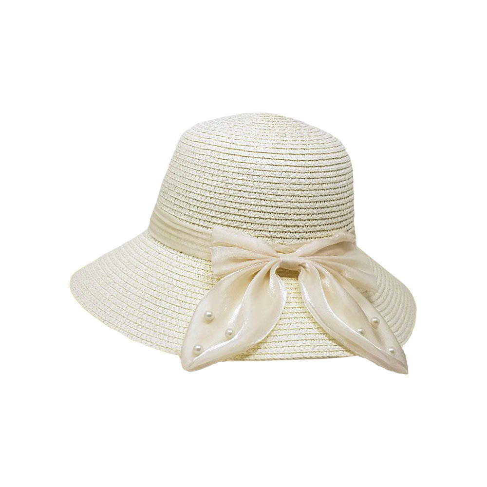 HATEGORY Pearl Pointed Bow Band Straw Sun Hat