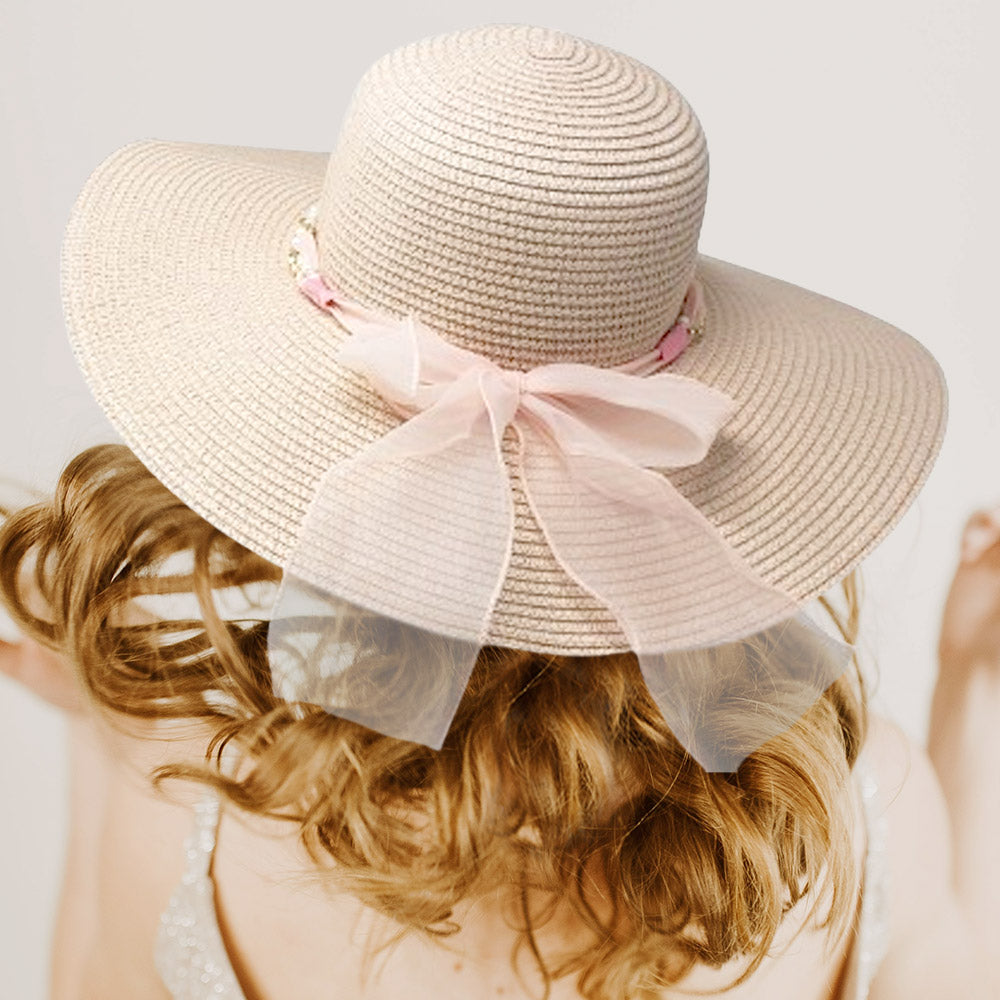 HATEGORY Rhinestone Pearl Twisted Bow Band Pointed Straw Sun Hat