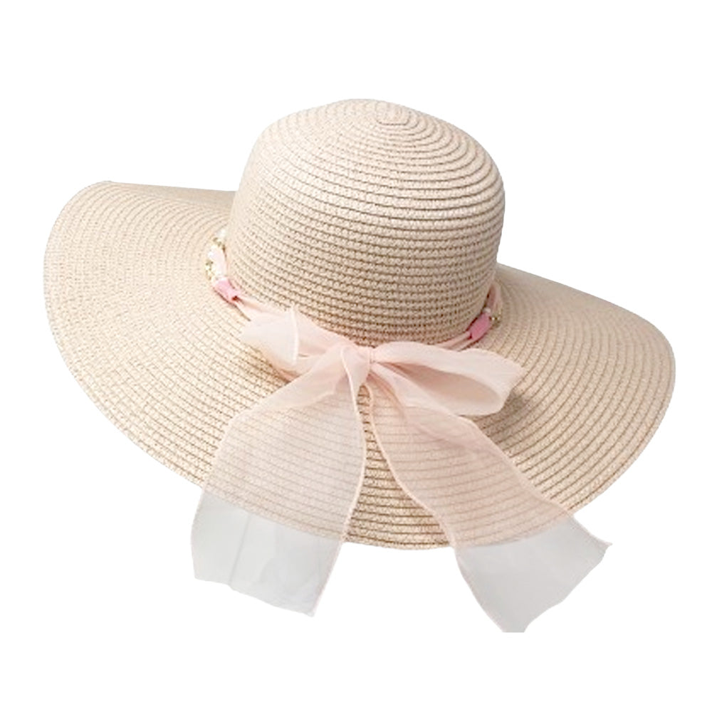 HATEGORY Rhinestone Pearl Twisted Bow Band Pointed Straw Sun Hat