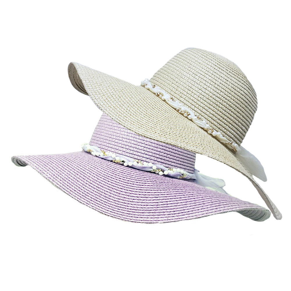 HATEGORY Rhinestone Pearl Twisted Bow Band Pointed Straw Sun Hat
