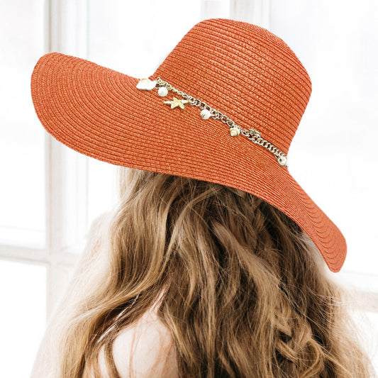 HATEGORY Pearl Starfish Shell Charm Band Pointed Straw Sun Hat