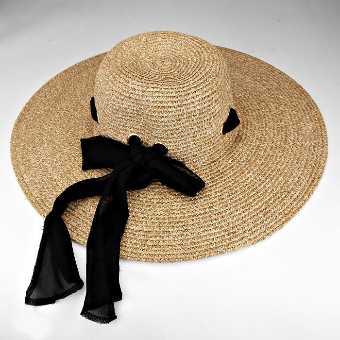 HATEGORY Bow Accented Straw Floppy Hat