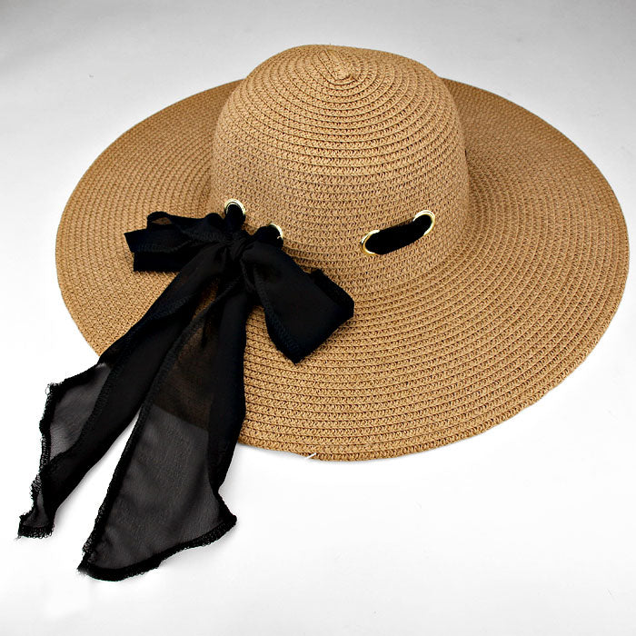 HATEGORY Bow Accented Straw Floppy Hat