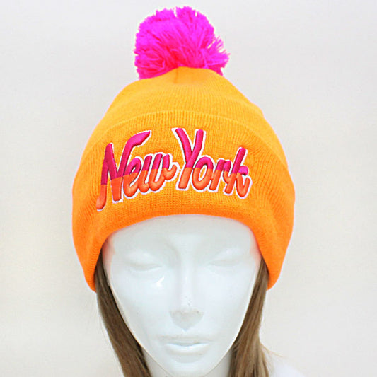 HATEGORY "New York" Embroidered Acrylic Pom Beanie
