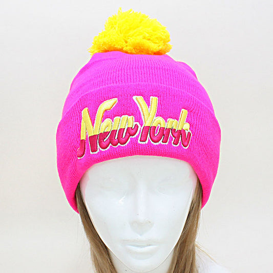 HATEGORY "New York" Embroidered Acrylic Pom Beanie