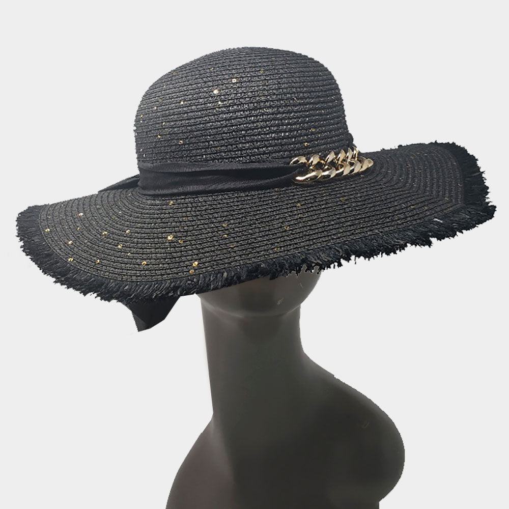 HATEGORY Metal Chain Accented Frayed Straw Sun Hat