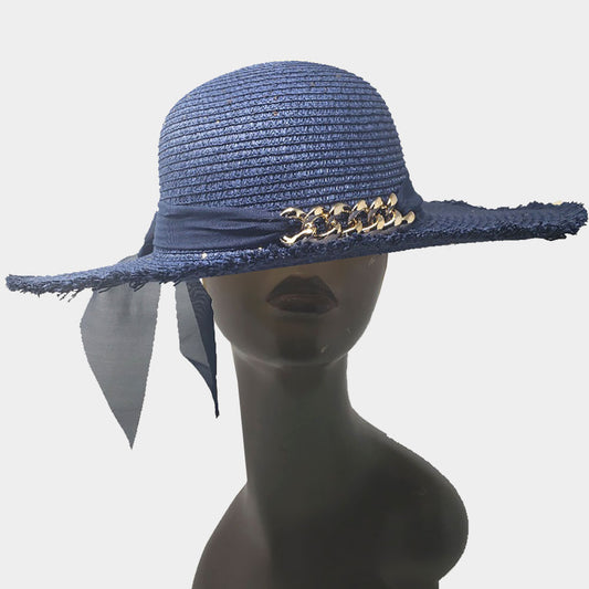 HATEGORY Metal Chain Accented Frayed Straw Sun Hat