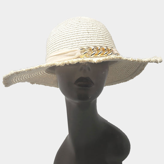 HATEGORY Metal Chain Accented Frayed Straw Sun Hat