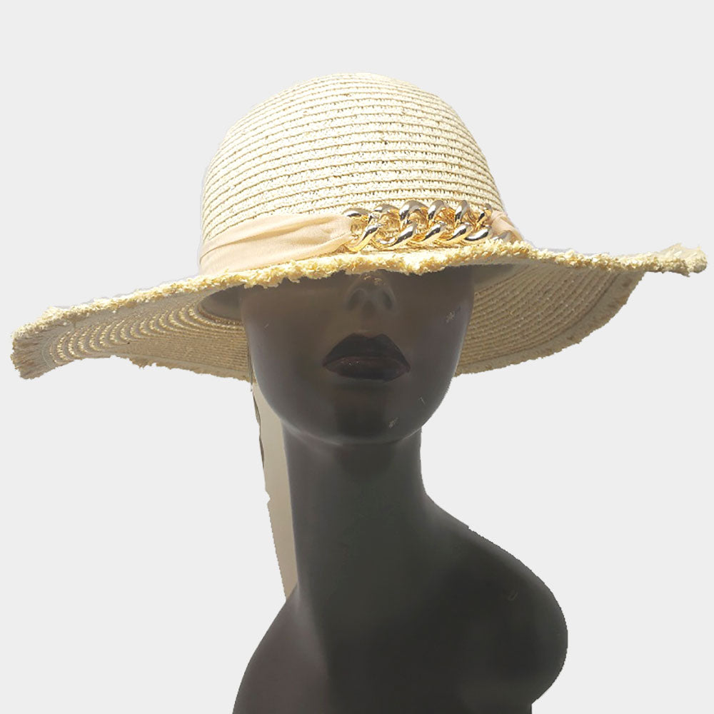 HATEGORY Metal Chain Accented Frayed Straw Sun Hat