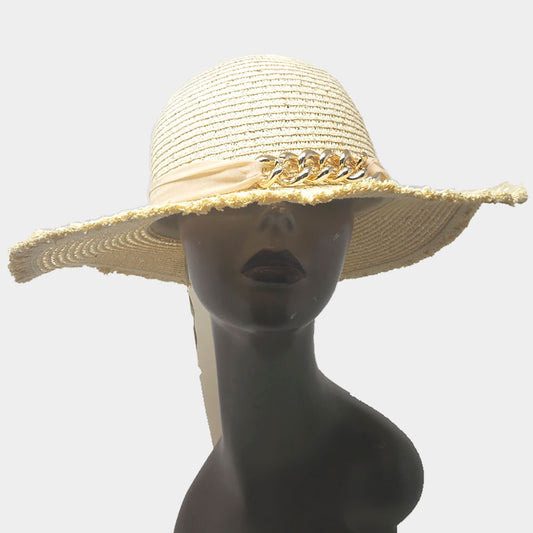 HATEGORY Metal Chain Accented Frayed Straw Sun Hat
