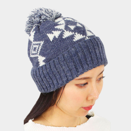 HATEGORY Western Patterned Knit Pom Pom Beanie Hat