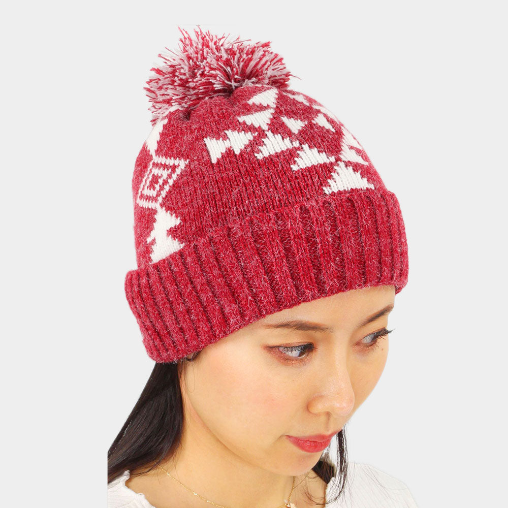 HATEGORY Western Patterned Knit Pom Pom Beanie Hat