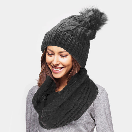 HATEGORY 2PCS Cable Knit Infinity Scarf Pom Pom Beanie Hat Set