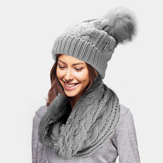 HATEGORY 2PCS Cable Knit Infinity Scarf Pom Pom Beanie Hat Set