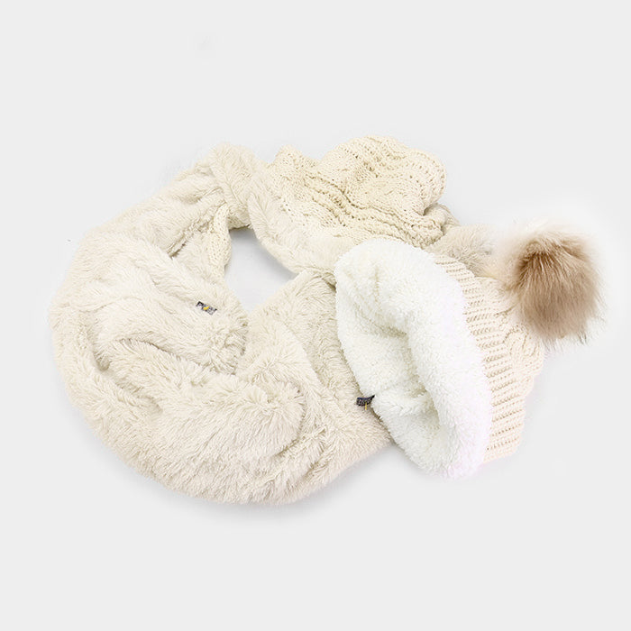 HATEGORY 2PCS Cable Knit Infinity Scarf Pom Pom Beanie Hat Set