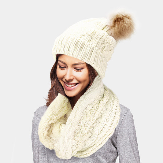 HATEGORY 2PCS Cable Knit Infinity Scarf Pom Pom Beanie Hat Set