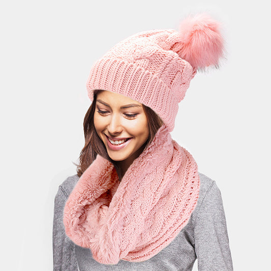 HATEGORY 2PCS Cable Knit Infinity Scarf Pom Pom Beanie Hat Set