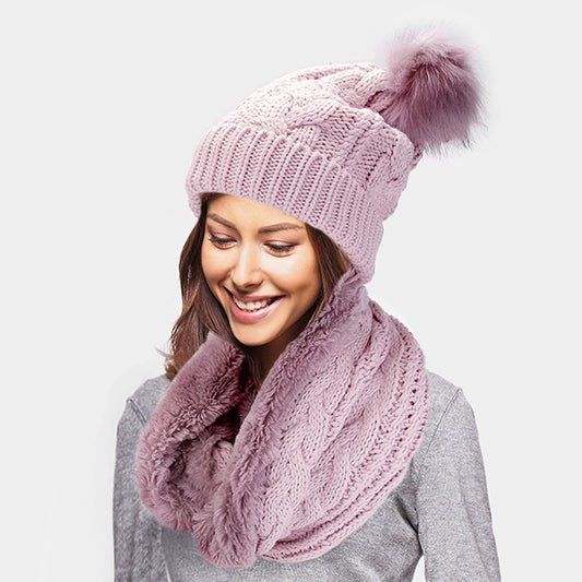 HATEGORY 2PCS Cable Knit Infinity Scarf Pom Pom Beanie Hat Set
