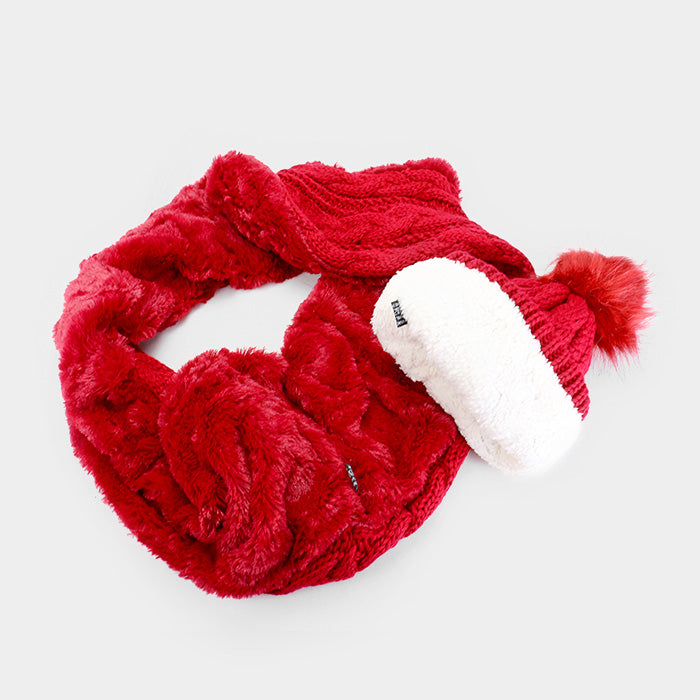 HATEGORY 2PCS Cable Knit Infinity Scarf Pom Pom Beanie Hat Set