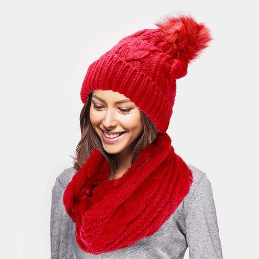 HATEGORY 2PCS Cable Knit Infinity Scarf Pom Pom Beanie Hat Set