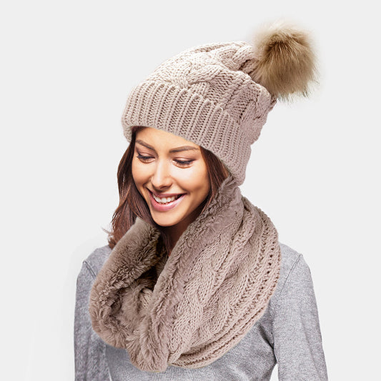 HATEGORY 2PCS Cable Knit Infinity Scarf Pom Pom Beanie Hat Set