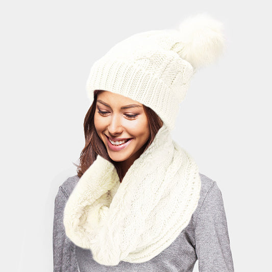 HATEGORY 2PCS Cable Knit Infinity Scarf Pom Pom Beanie Hat Set