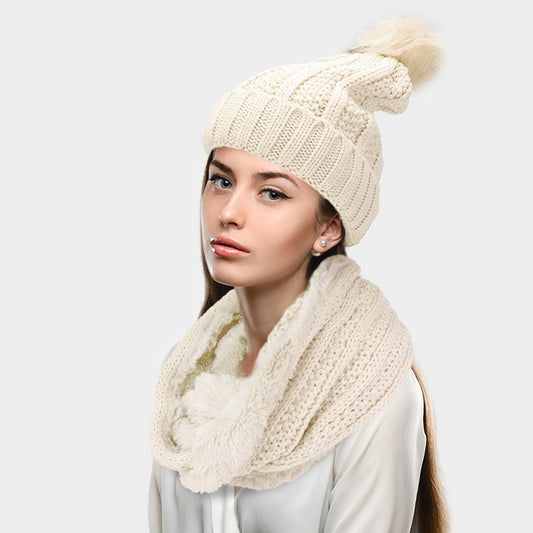 HATEGORY 2PCS Knit Infinity Scarf Pom Pom Beanie Hat Set