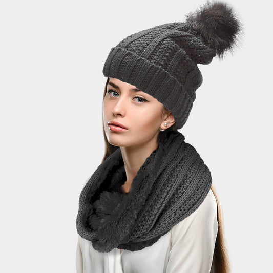 HATEGORY 2PCS Knit Infinity Scarf Pom Pom Beanie Hat Set