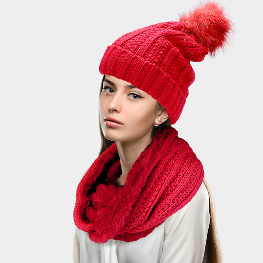 HATEGORY 2PCS Knit Infinity Scarf Pom Pom Beanie Hat Set