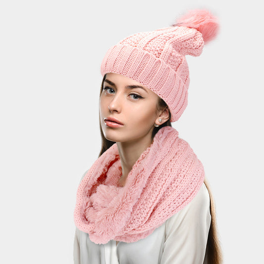HATEGORY 2PCS Knit Infinity Scarf Pom Pom Beanie Hat Set