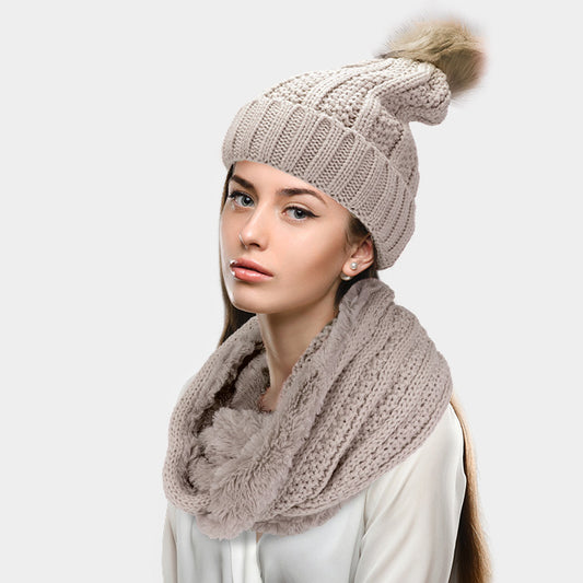 HATEGORY 2PCS Knit Infinity Scarf Pom Pom Beanie Hat Set