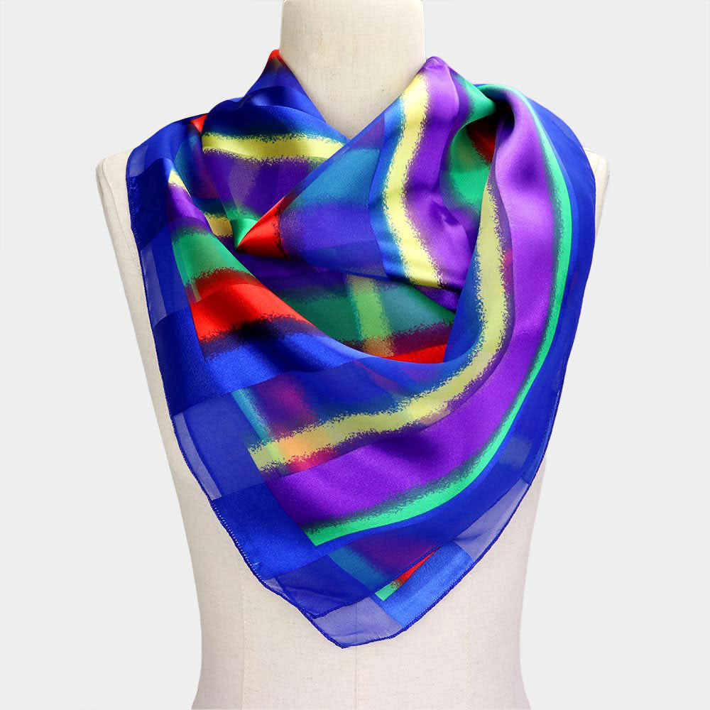 HATEGORY Silk Feel Multi Colored Striped Print Square Scarf